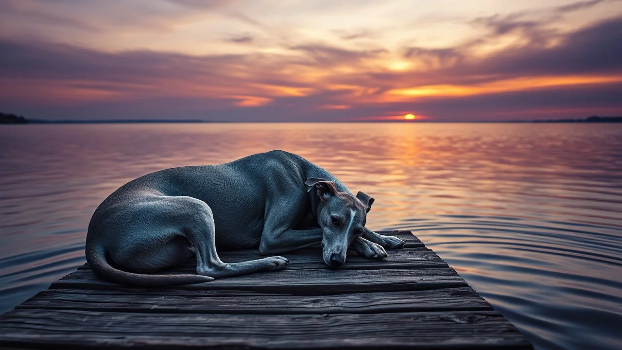 A poignant photograph of a solitary greyhound resting on an aged wooden dock. The dog's sleek, silver-gray coat contrasts with the weathered wood beneath it. Its head hangs low, exuding a sense of sadness and loneliness, while its eyes seem to hold a story of its own. The sky above is a mesmerizing blend of dusky purple and orangish hues, with the last rays of the setting sun casting a warm glow on the calm, deep blue water. The ripples reflect the beauty of the sky, accentuating the dog's melan