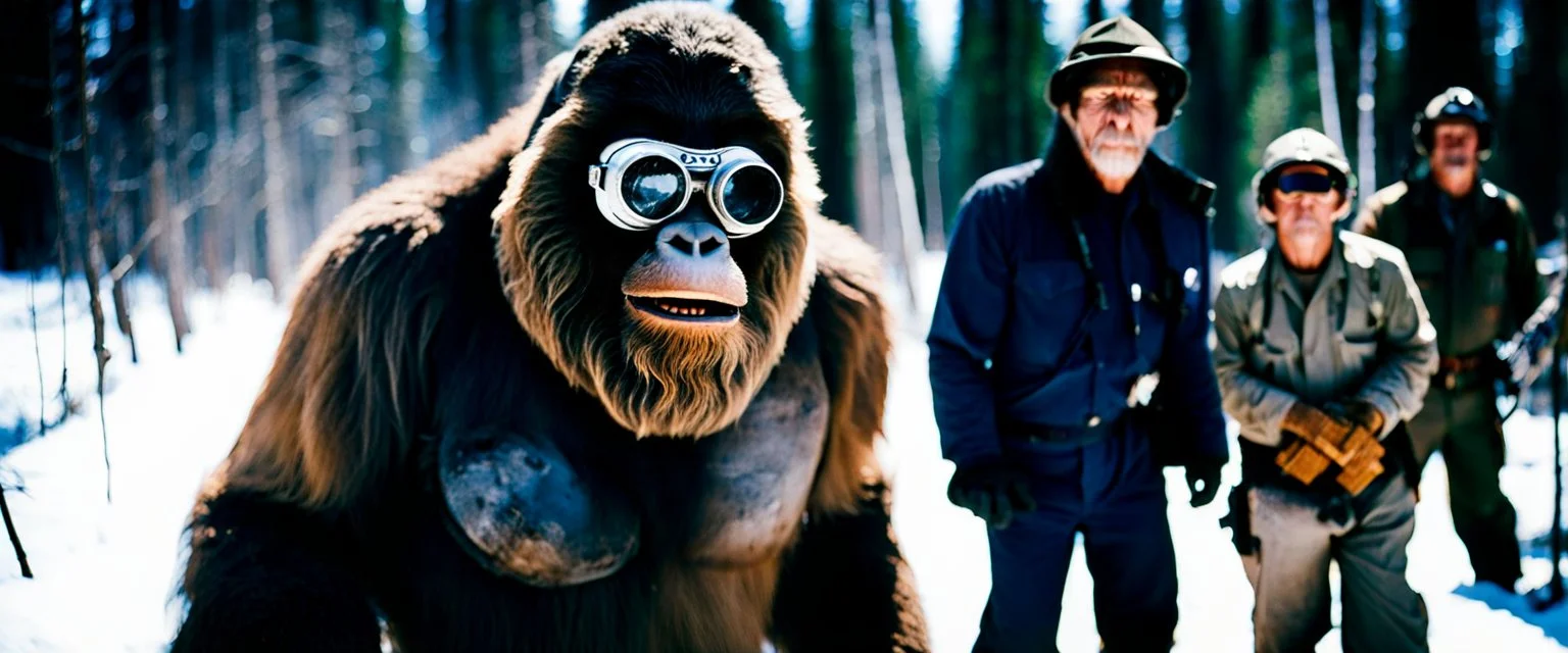 close up of a bigfoot in goggles in documentary photography, burned trees, Wildfire, Smoke, burning, forest fire, August 1985, Yeti, Dystopian, Japanese, Extreme depth of field, bokeh blur, Alberta, all-natural, in the style of candid, imperfection, natural lighting, Professional shot, shot on Agfa, Fuji Film, Anamorphic lens --ar 4:5 --w 150 --style raw