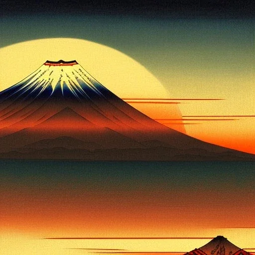 Ukiyo-e painting of a mount fuji at sunset