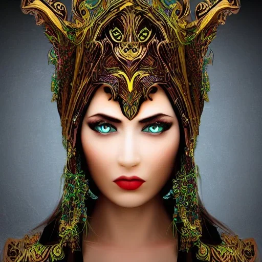 dark fantasy character face intricate headgear ultra sharp illustration digital cgi with forest background