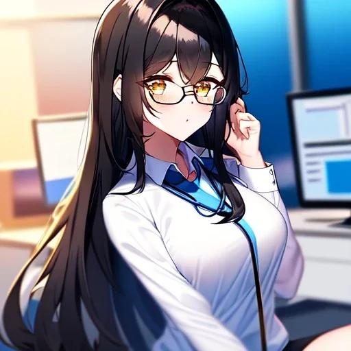 Clear focus, 8k, high quality, detailed, beautiful lighting, girl, vibrant colors, black long hair, vibrant golden eyes, office clothes, glasses, messy hair, sitting down, stretching,