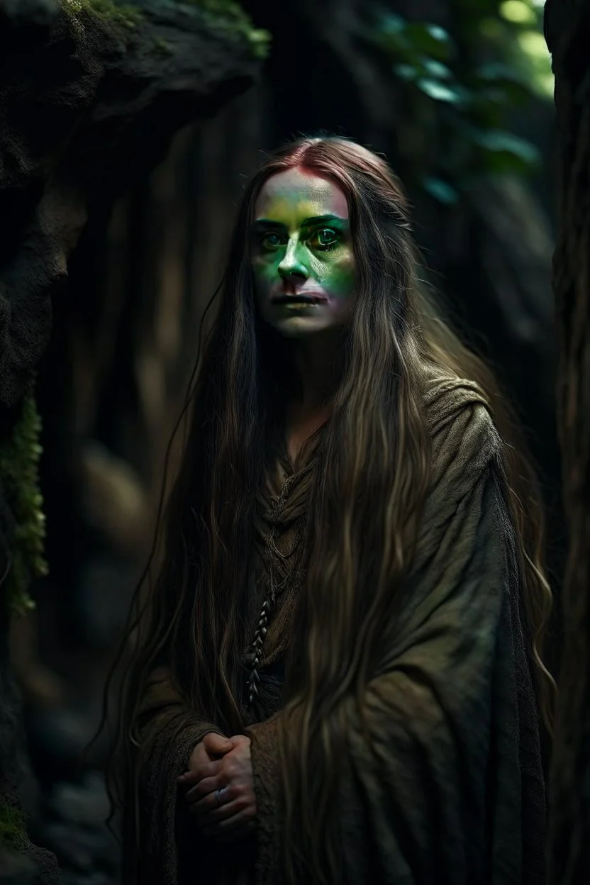 underground grove, with bricks and stones, portrait of hulk as a female wood elf with pale, ethereal features with long hair that seems to shimmer. She dresses in flowing, dark-colored clothing that accentuates her mysterious aura. photo-realistic, shot on Hasselblad h6d-400c, zeiss prime lens, bokeh like f/0.8, tilt-shift lens 8k, high detail, smooth render, down-light, unreal engine 5, cinema 4d, HDR, dust effect,, smoke