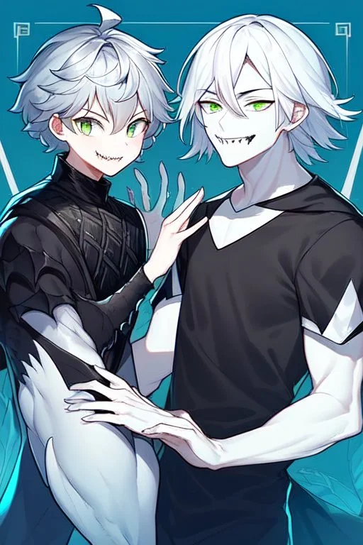 plauge doctor in balck leather clothes with silver hair, pale skin and bright green eyes smiling with sharp teeth, nice young face, male, viscious smile