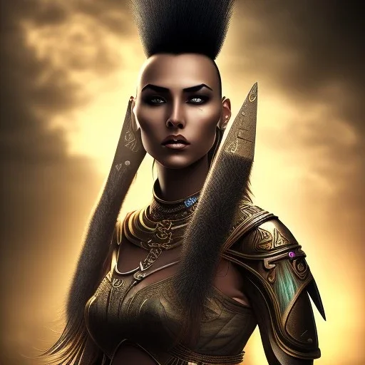 fantasy setting, woman, dark-skinned, middle-east, mohawk haircut