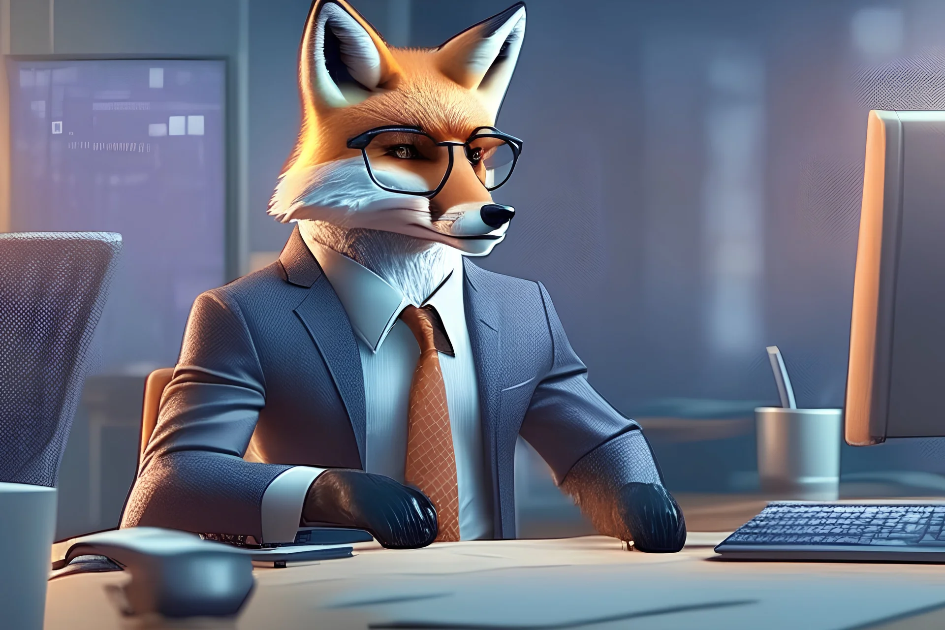 A fox as a business man, wearing a suit, full body of a human, working in an office, looking at a computer, wearing glasses, detailed background, 4K