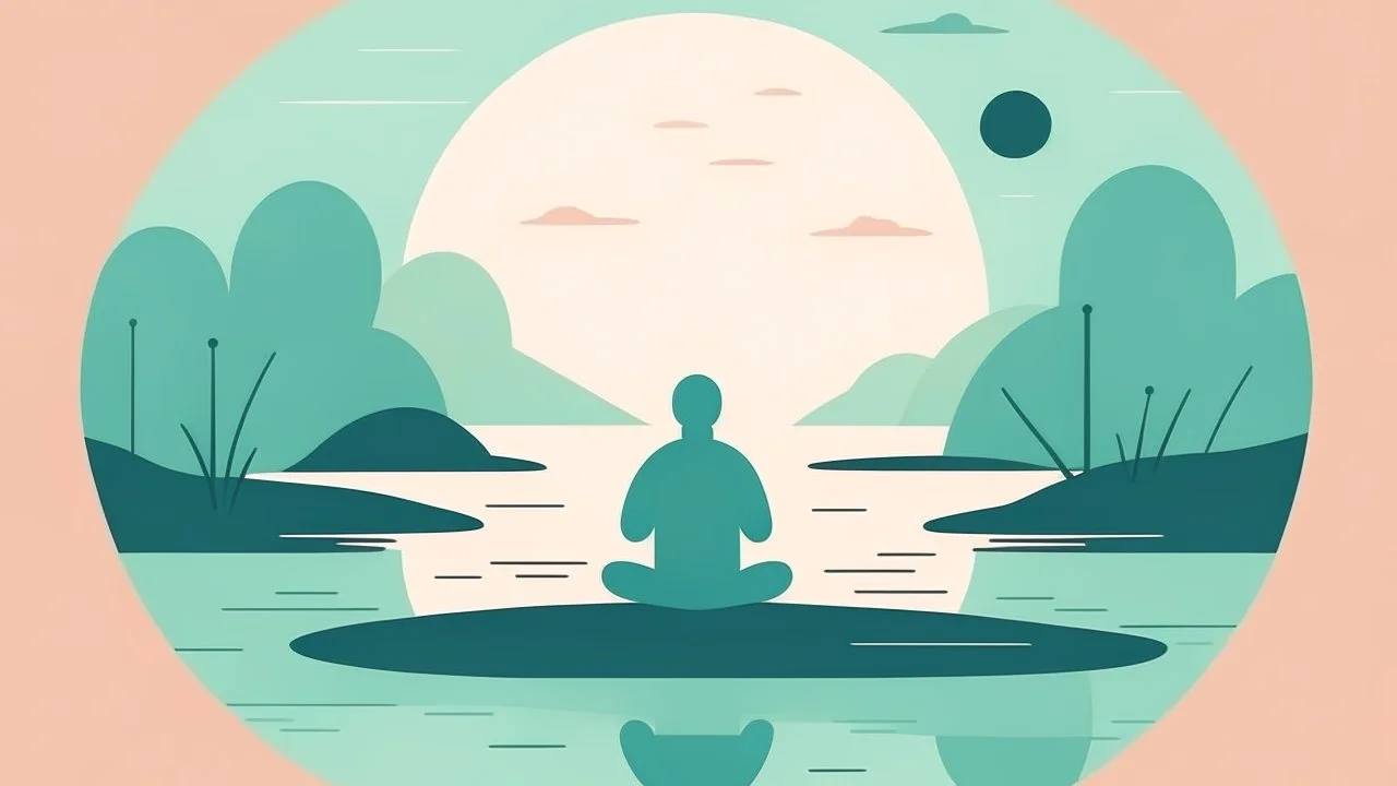 Create a minimalist, flat-style illustration capturing the essence of mindful meditation. Depict a character meditating in a natural setting using the chosen color palette - #87CEEB for a celestial sky, #00CED1 for tranquil waters, and #2C363F for grounding elements. Infuse a subtle grain texture for added depth. Emphasize simplicity and tranquility, portraying the transformative and holistic nature of the meditation experience.