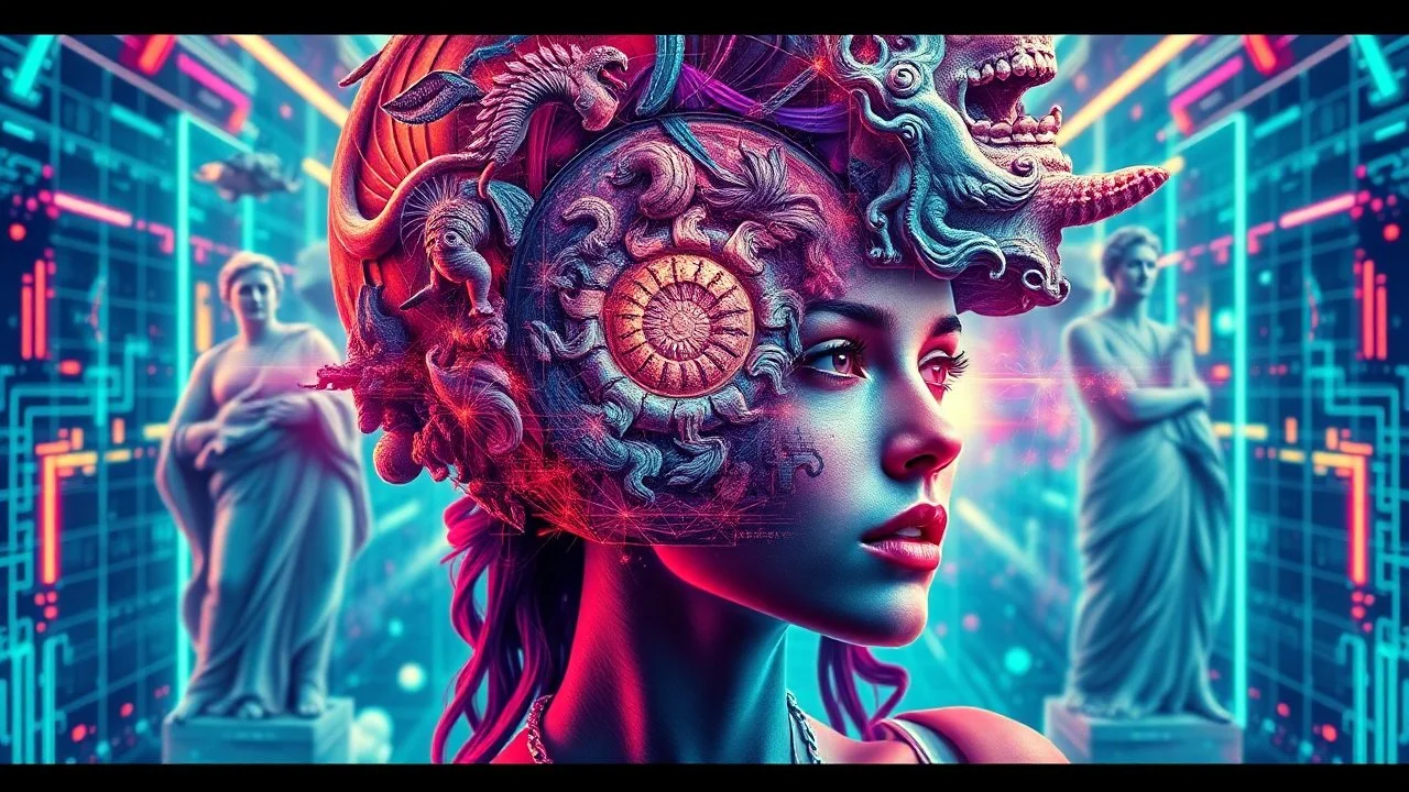A surreal futuristic portrait of a woman with a spiral nautilus shell as her headpiece, blending vivid psychedelic colors and intricate patterns. Classical Greek and Roman sculptures surround her, emerging from the spiral like gods of mythology, Neuve,surreal vibe, abstrack geometri, absurd, multi eksposurBackground features a neon cyberpunk grid and abstract digital elements. Highly detailed, vibrant, dreamlike, sci-fi-meets-classical aesthetic, ultra HD, cinematic lighting.