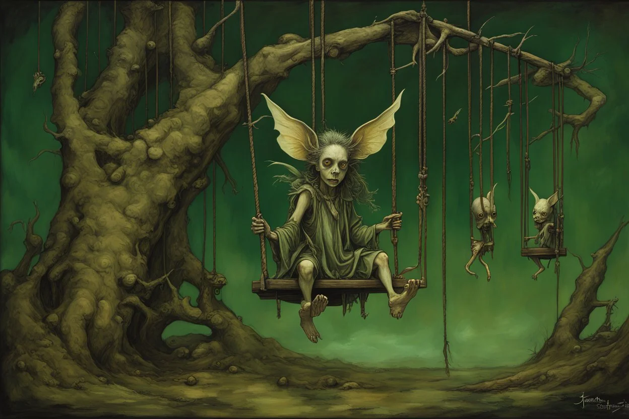 Faeries playing in a playground swing-set, kinetic dramatic horror art, sinister, by Jean Baptiste Monge, by Brian Froud, by Yves Tanguy, eerie dark colors, green-tan-black tricolor, hyperdetailed, beautiful matte oil painting, realistic, rule of three.