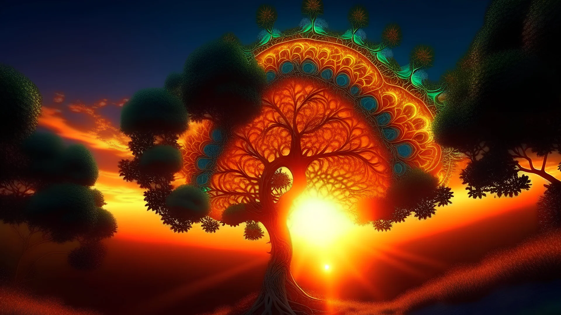 ULTRA REAL. precise fine detailed mandelbrot style of a sunset. AMAZEMENT. COLORFUL Cinematic lighting, 8K . tree of life. sun flare.