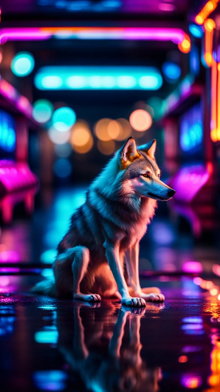 fashion wolf sitting on a hipster car parked in dark neon lit reflective wet arcade hall tunnel,bokeh like f/0.8, tilt-shift lens 8k, high detail, smooth render, down-light, unreal engine, prize winning