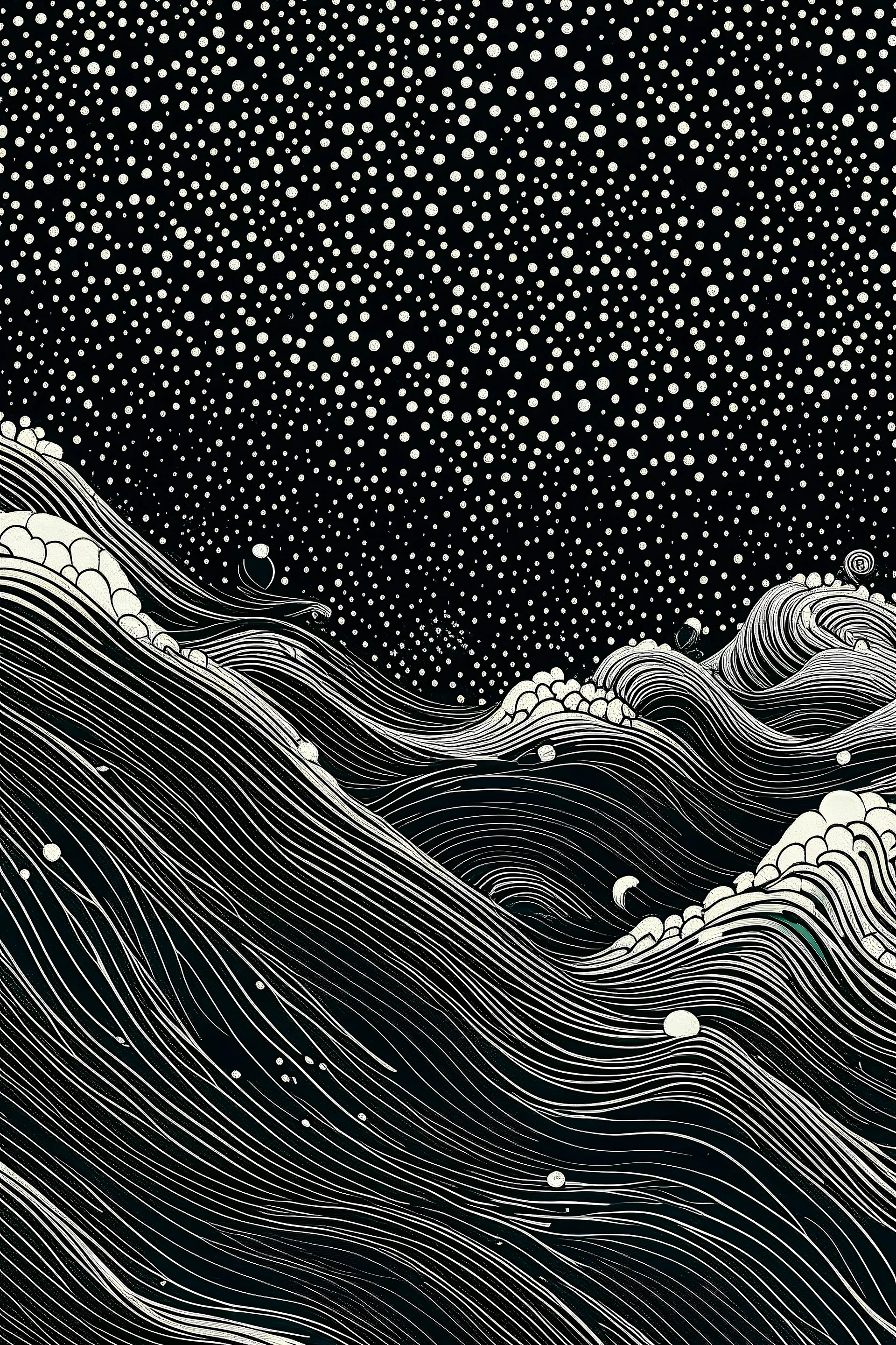 The illustration depicts a seamless wave pattern stretching across the page. Waves of varying sizes and shapes overlap and cascade downwards, creating a dynamic and fluid composition. The waves transition from darker shades of black at the bottom to lighter shades towards the top, mimicking the depth and movement of the ocean. Small details like foam and bubbles can be found within the waves, adding depth and realism to the scene.