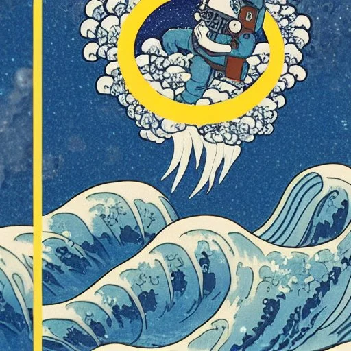 An astronaut floating in space surrounded by a halo of glowing jellyfish, done in the style of Hokusai's The Great Wave off Kanagawa