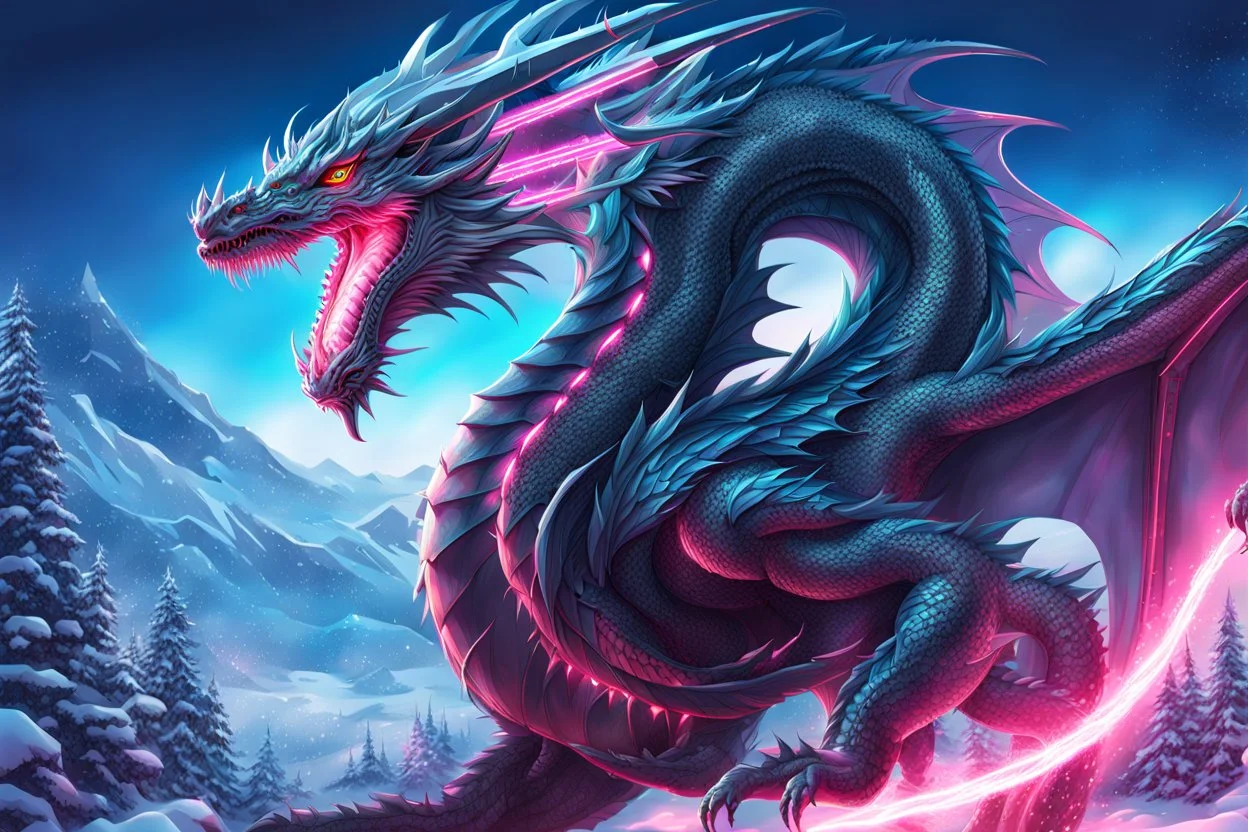 Cyber Machine dragon in 8k anime realistic drawing style, neon effect, close picture, snow, apocalypse, intricate details, highly detailed, high details, detailed portrait, masterpiece,ultra detailed, ultra quality