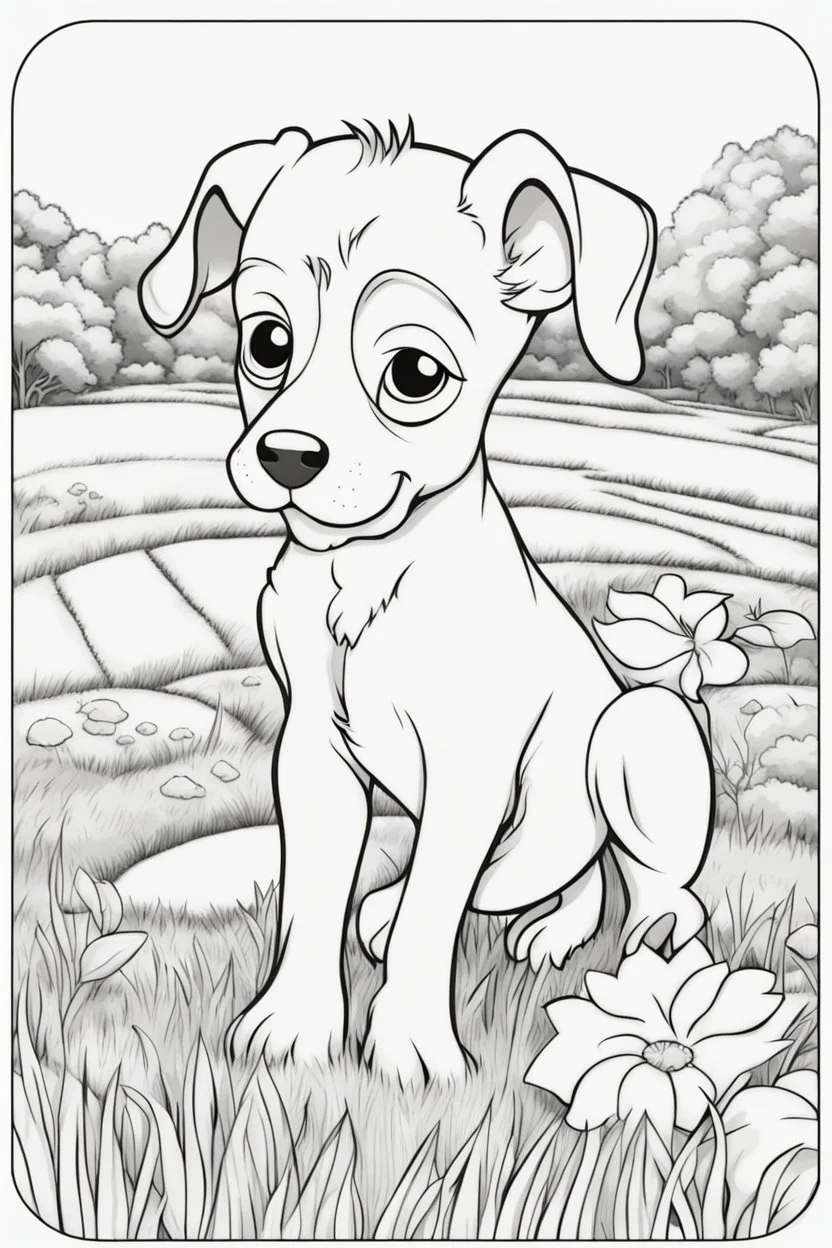 coloring page, puppy on the lawn, cartoon style, thick lines, low detail, no shading