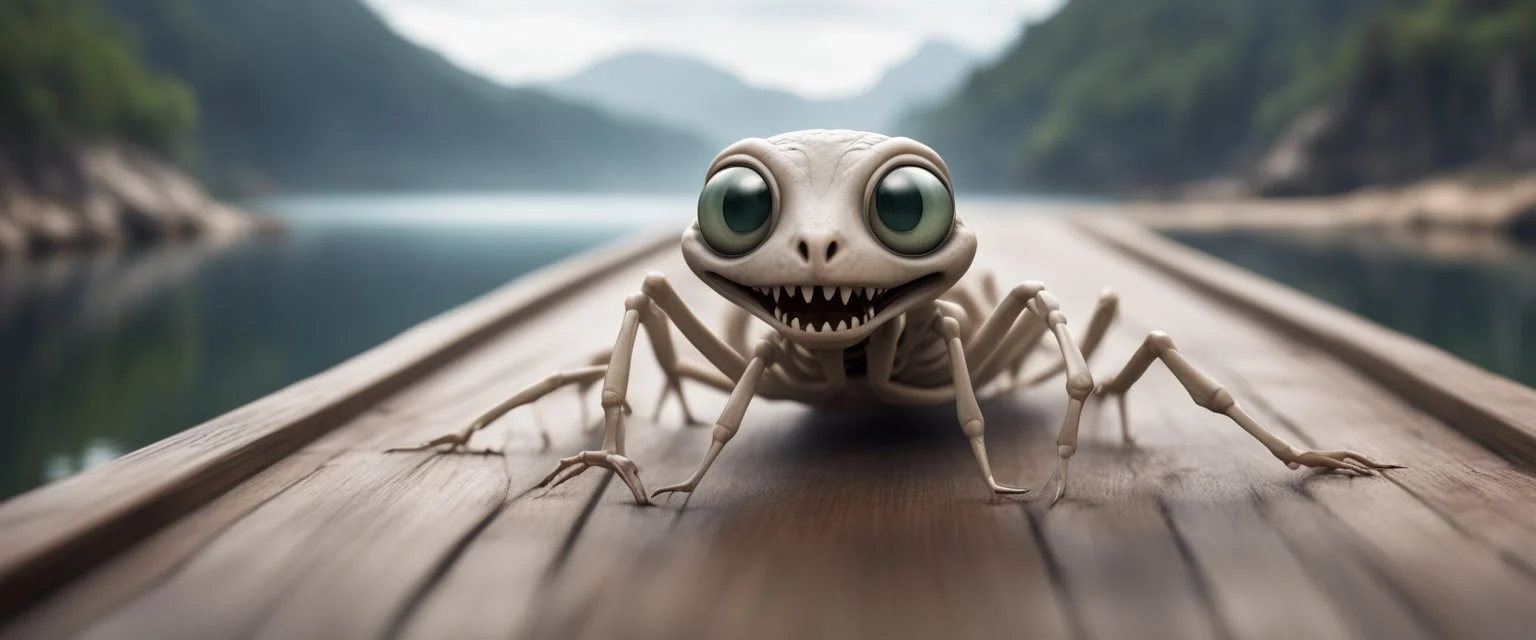 close up on huge dented glowing ghost transparent ant skeleton rat baby snakes wriggling into horisont smiling in fast boat with googly eyes, raised by ninja necromancer in the wild, on wooden bridge by lake in surreal reflecting stone chrome landscape, background motion blur, volume light fog, rays, 4d maze