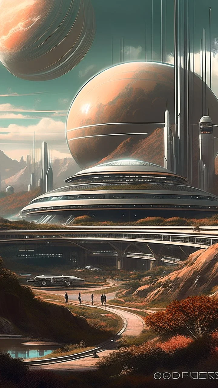 sci fi planet, busy city, frank lloyd wright inspired, natural colours