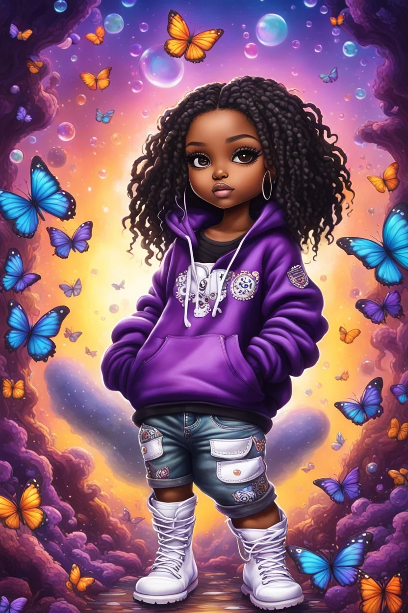 Create an vibrant psychedelic oil painting image, airbrush, 48k, cartoon art illustration of a chibi cartoon black female thick curvy wearing a cut of black purple and white hoodie and white jeans and timberland boots. Prominent make up with long lashes and hazel eyes. Highly detailed shiny sister locs. Background of a large bubbles and colorful butterflies all around her. she sits on a music note