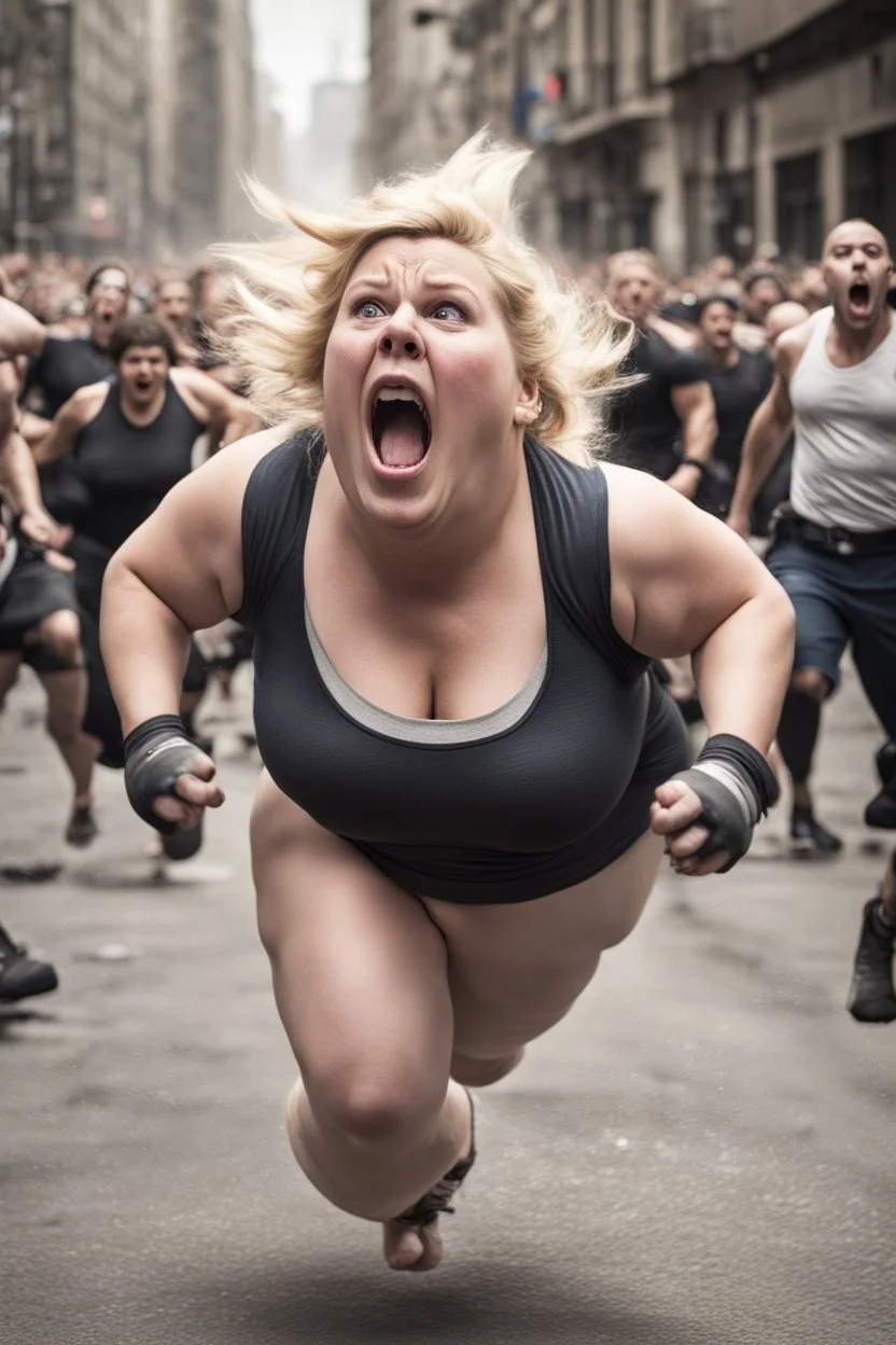 an obese terrified blonde woman in a crossfit outfit desperately running away from an angry mob of thousands of people chasing her down a city street while she is flailing her arms for dear life