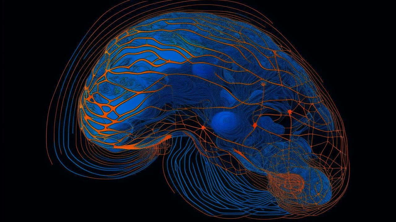 A digital serigraphy by Moebius of a digital brain made of points and lines. Colors are blue and orange in a dark background.