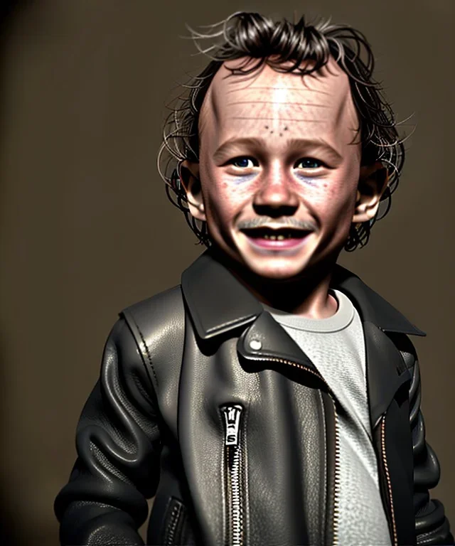 Heath ledger toddler, full body, leather jacket, soft skin, dramatic lighting, hyper realistic