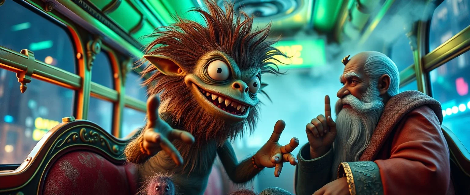 close up portrait of hairy fluffy polymer clay cute happy excited gesticulating monster with realistic human colored and textured skin, and long sleek limbs and with studio lights, on a luxury ornate neon buss with strange graphitti and tatooes, talking to a wise man, buss is full of smoke, and bright beams from the sky