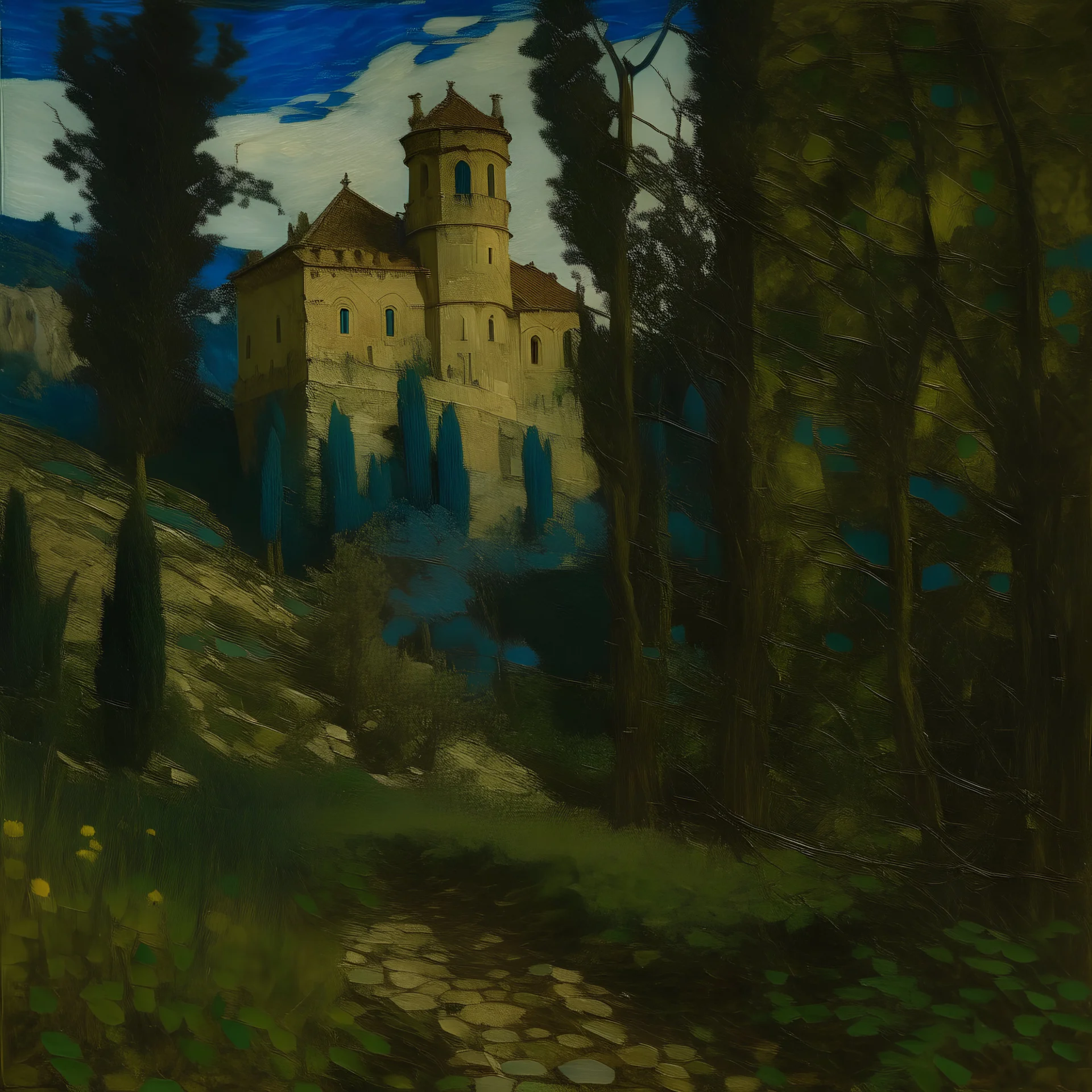 A castle in a jungle painted by Vincent van Gogh