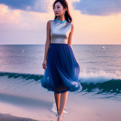 very nice real face beautiful Woman with make up at the beach standing pose in a short lace dark blue and silver dress, full body, 3D coudy sky volumetric nice clouds 8k sharp focus