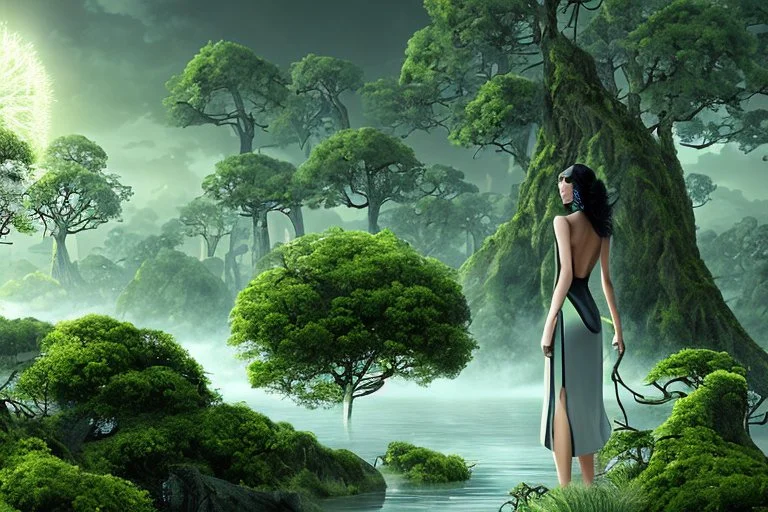 A skinny woman with a black bob hairstyle, in a green and silver suit, standing, looking out over a lake, in an alien forest, with tall narrow cloud trees, with flying dandelion heads with octopus tentacles