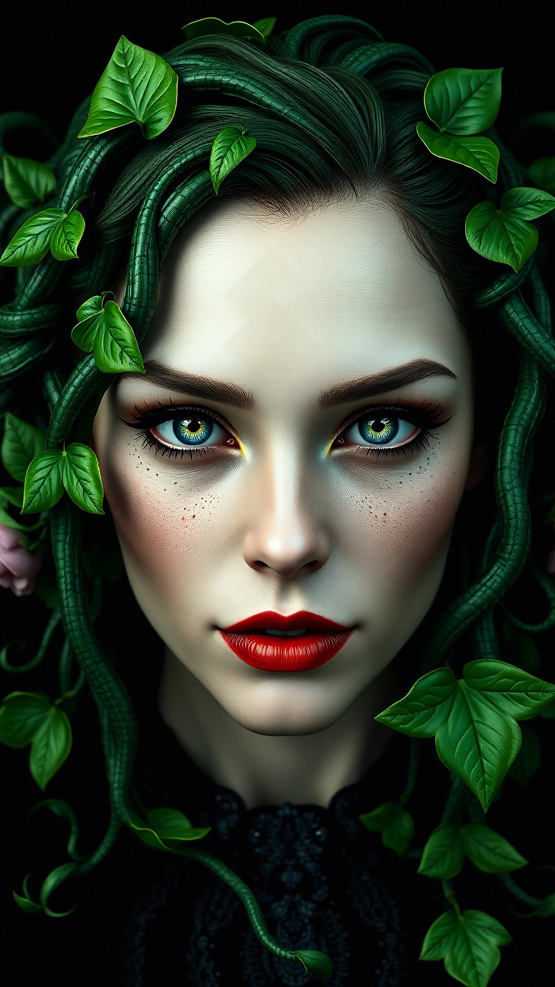 A hyper-realistic close-up portrait of a mysterious woman harley quinn 3D rendering of Expressively detailed and intricate of a hyperrealistic “ human head detailed with organic form”: front view, symetric, green glossy plant vines, anatomy, symmetric, scientific, baroque ornament, single object, vivid colour, black background, cosmic fractals, octane render, 8k post-production, dendritic, artstation: award-winning: professional portrait: atmospheric: commanding: fantastical: clarity: 16k: ultra