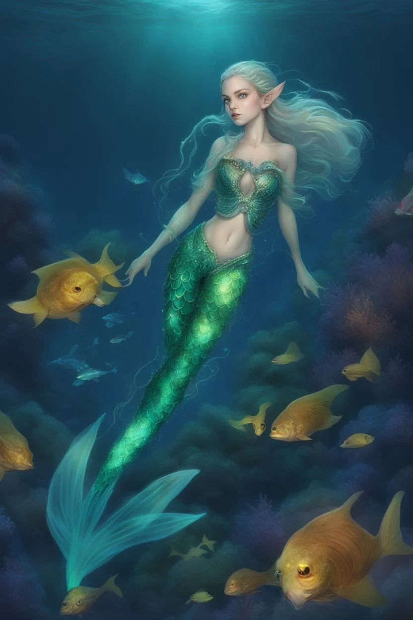 hybrid elf +Mermaid Diver, Weightless Swim, Bioluminescent Sea, Transparent Skin