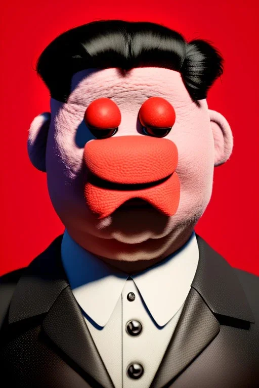 Waist up muppet Portrait, Kim Jong-un muppet doll, black suit, photo studio, red background, unreal engine 5, concept art, art station, god lights, ray tracing, RTX, lumen lighting, ultra detail, volumetric lighting, 3d.