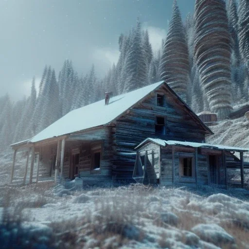 abandoned Ghosttown Gold mine Buildings in the mountains, winter, octane render