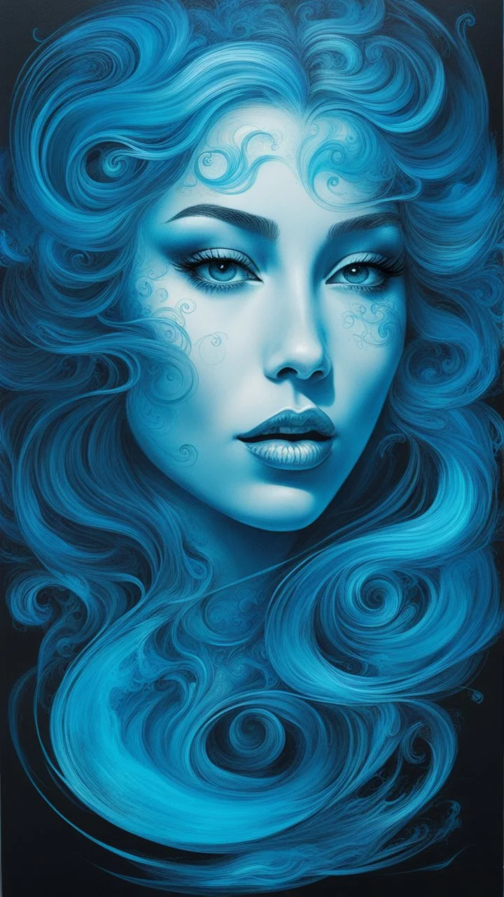 Bosch painting style of blur smoke, neon Blue ink swirls, beautifully lit, detailed of a two mermaid face