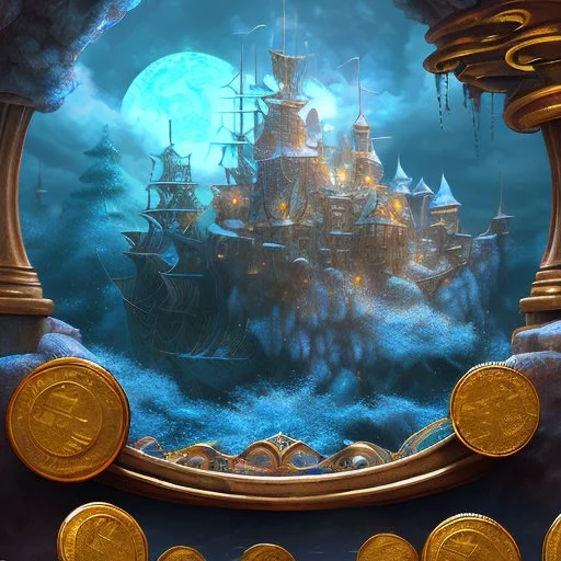 dynamic lighting, Intricately detailed, Splash screen art, deep color, Unreal Engine, volumetric lighting, silver coins, pile of coins, pirate treasure, stacked coins, cave, chest full of treasure,