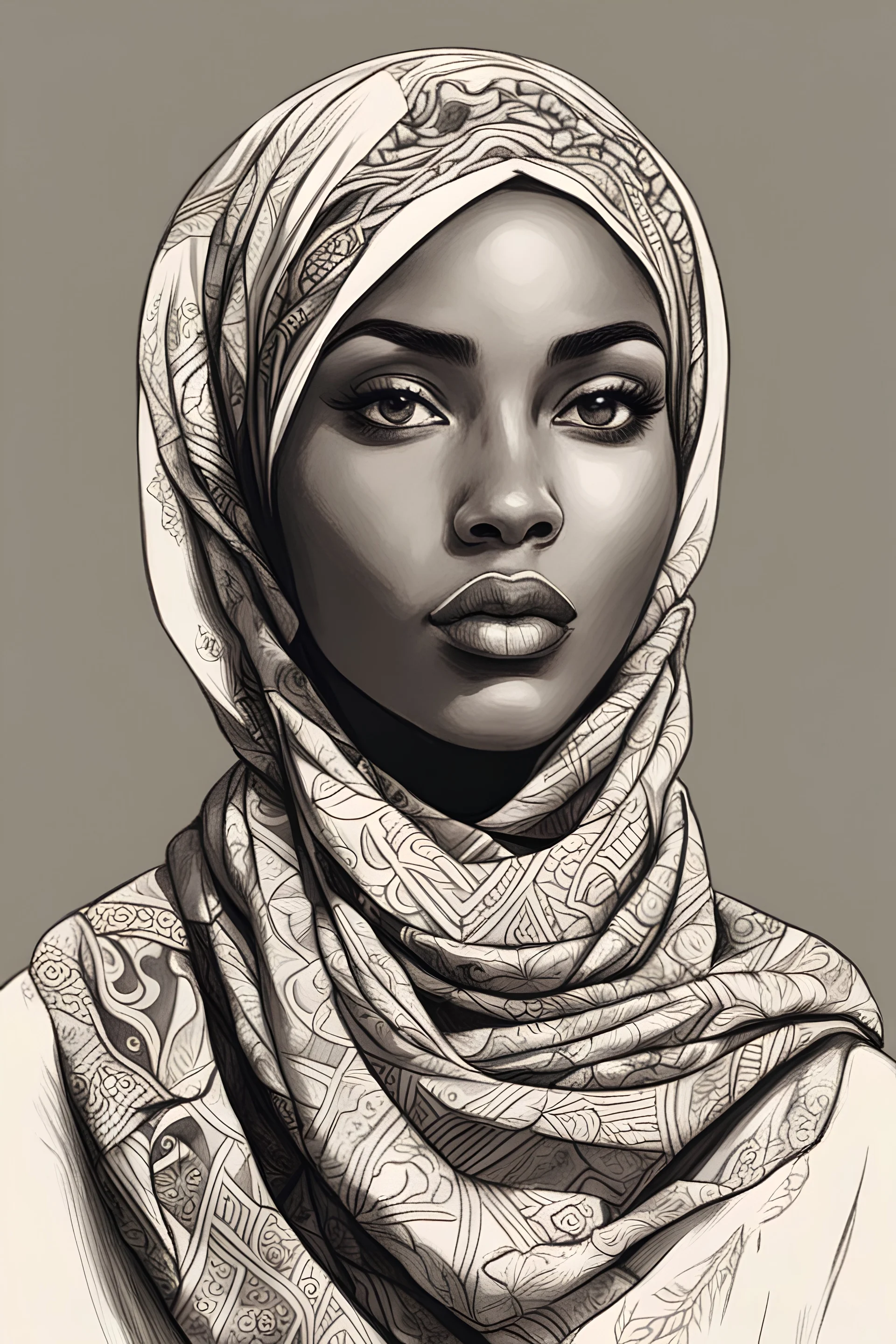 woman wearing a vintage-style hijab, inspired by African culture, hand-drawn illustration