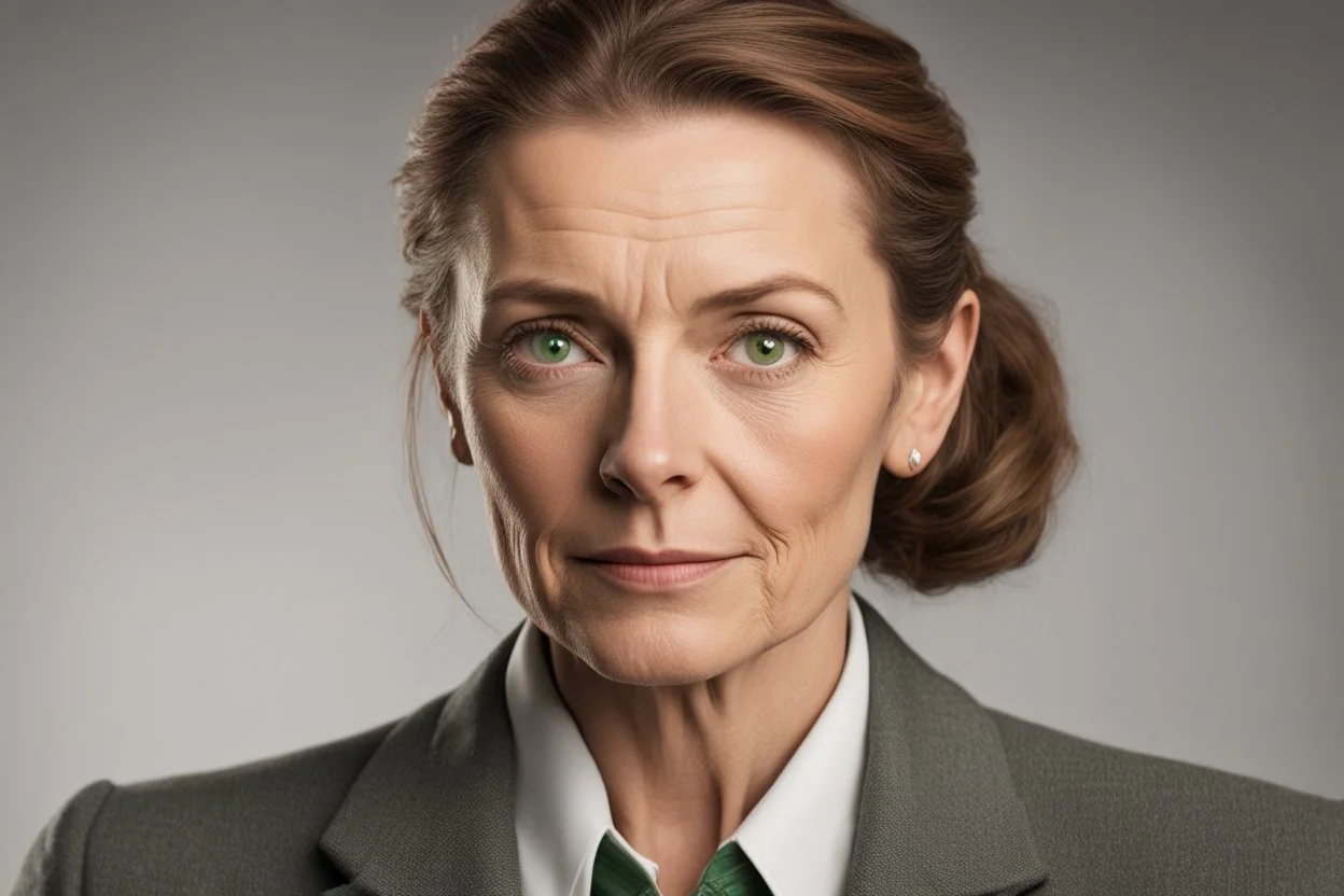 Женщина 40-45 лет с тёплым, но уставшим лицом. Каштановые волосы с проседью, собранные в жёсткий пучок (на службе) или распущенные (дома). Зелёные глаза с острым взглядом, который замечает всё, но смягчается, когда она смотрит на Кристину. Носит практичную одежду – блейзеры, брюки, значок шерифа на лацкане.