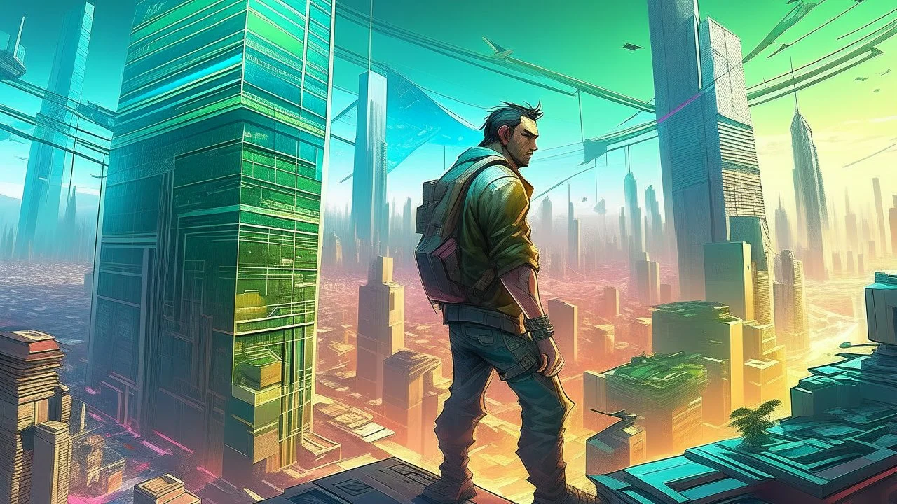 man working with a background of skyscrapers, art gta 5 cover, official fanart behance hd artstation by jesper ejsing, by rhads, makoto shinkai and lois van baarle, ilya kuvshinov, ossdraws that looks like it is from borderlands and by feng zhu and loish