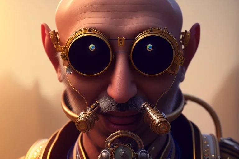 portrait of a bald Atul Bhardwaj, steampunk, brown eyes, no facial hair, steampunk, unreal 5, octane render, cinema4d, dynamic lighting, soft lighting, 4k, redshift render, highly detailed, hyper realistic