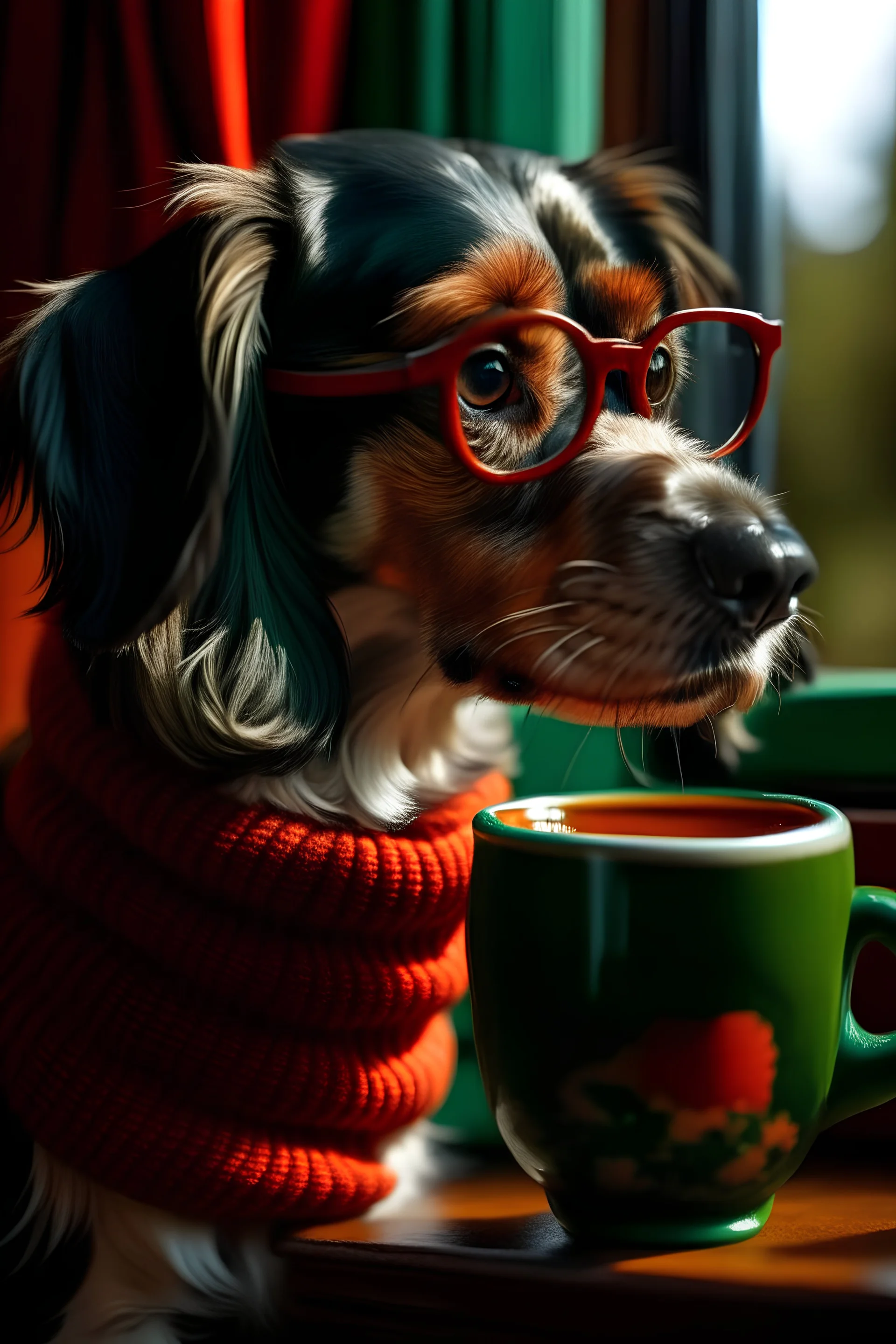 primer plano de un perro salchicha de pelo duro color colorado de ojos redondos y brillantes, con sweter verde y anteojos, admirando nostalgico y reflexivo, por la ventana el paisaje de su vecindario, mientras tiene en sus manos una taza de café, con estilo de Manuel Garcia Ferre