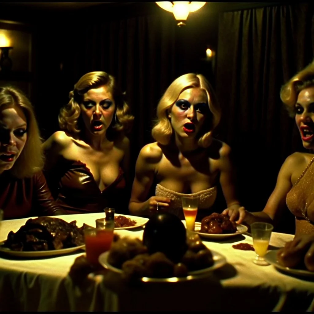 Horror movie shot, spooky, hot, ultra realistic hot dine, ultra realistic hot blonde women, party, pieces of meat, organs, ail, dynamic, very excited people, hypermaximalist figures, light, 1970's Italian horror movie, sinister,, Dario Argento, Stanley Kubrik, ornate, 4k, photorealism