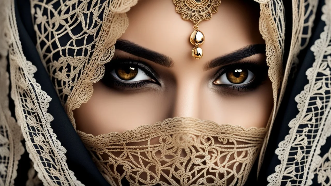 portait of a arabic woman with striking golden-brown eyes, which are partially concealed by a dark lace headscarf. Her shyly looking into the camera. The combination of her lace headscarf, beautiful eyes and the fine lace of her face veil creates an intriguing and visually appealing scene, highly detailed, high contrast, perfect lights, masterpiece