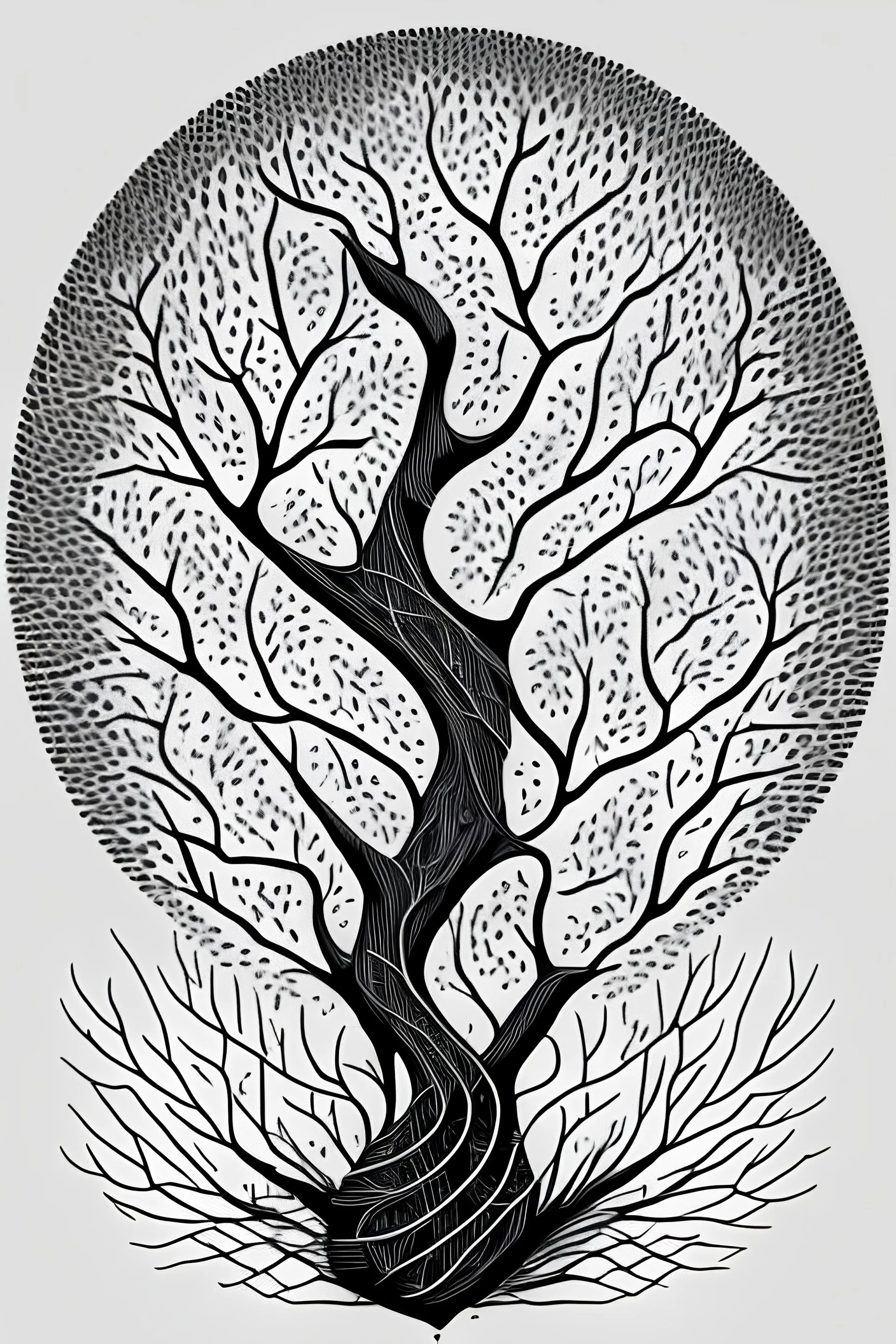 "Design a captivating line art representation of a guitar tree for a T-shirt. Picture a tree where the branches and leaves are composed of intricately detailed guitar necks, frets, and strings. Emphasize the connection between music and nature in a stylish, monochromatic design."