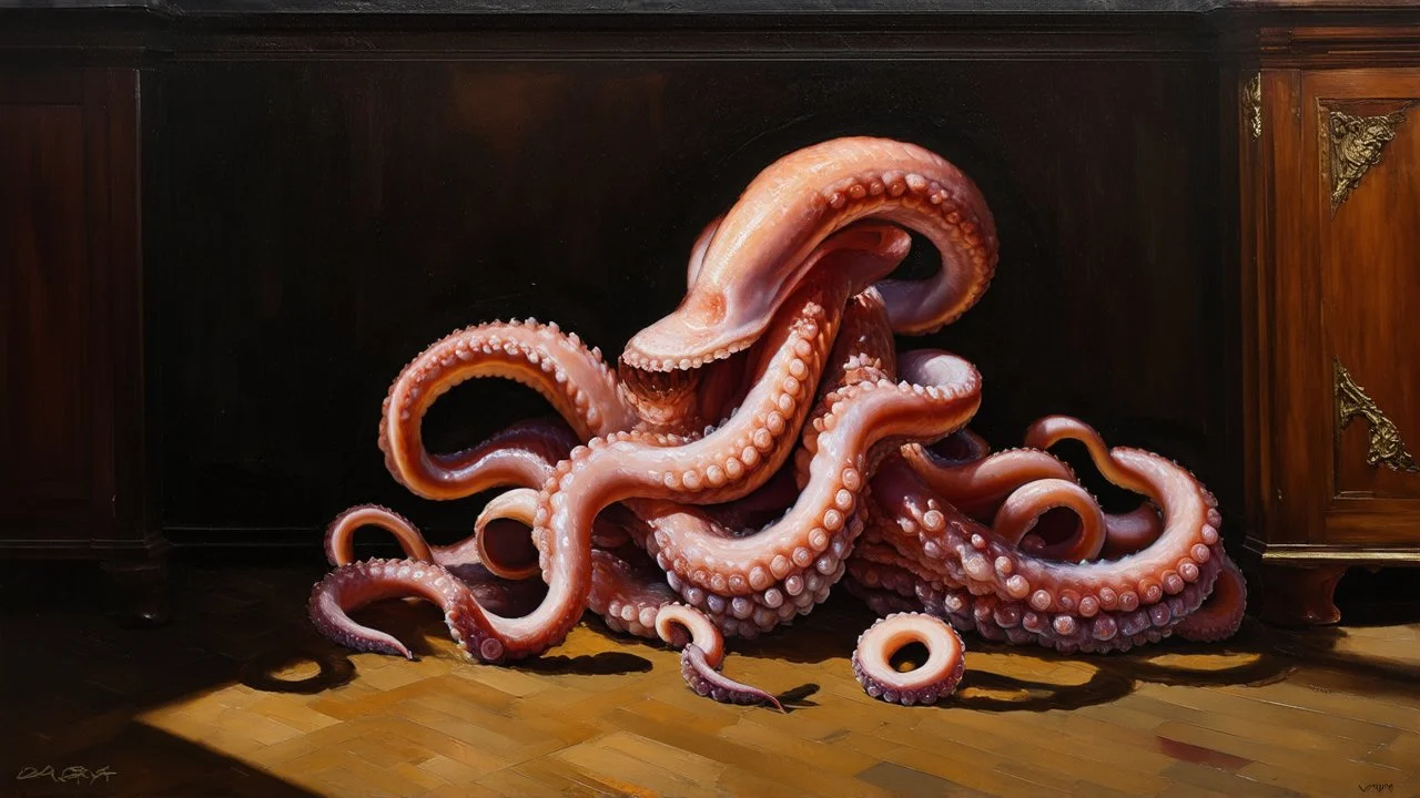 An oil painting in the baroque tradition of tentacles appearing in a darkened room, with dramatic lighting casting shadows that enhance their form, against a backdrop of antique furniture.