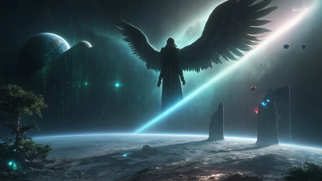 matrix, god creation, few planets on the back ground. small and large monoliths of red, blue, and green crystals of tiberium on the right side, seven space trees on the left side of the angel from the other dimensions.