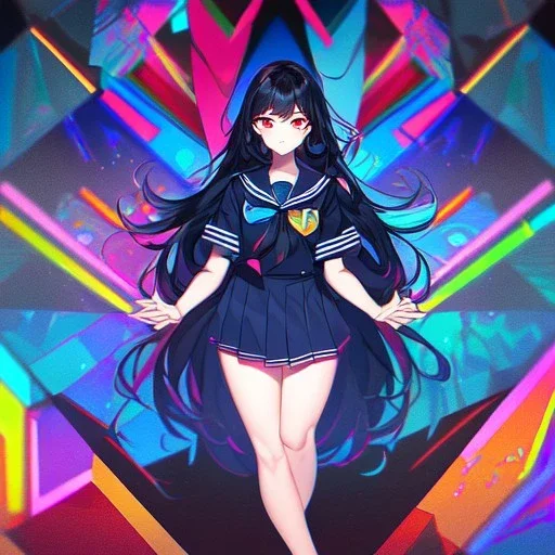 Clear focus, High resolution, long black fluffy hair, red eyes, chopped bangs, wearing a sailor uniform, wearing a sailor skirt, colorful, hollywood, female, human, mortal, thin legs, no outlines