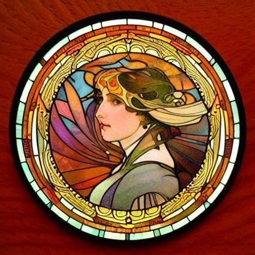 round coaster with stained glass effect, highly detailed, intricate, warm colors, alphonse mucha