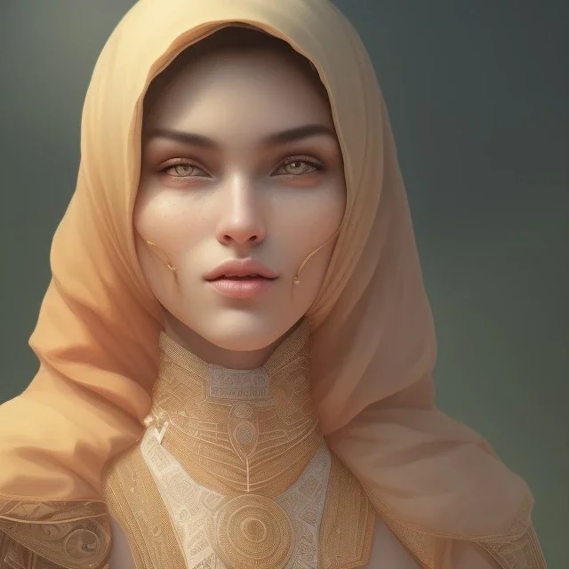 Arab young woman ,Arabic features، cute, beautiful, black eyes,Natural contours, real skin ,Modest Arabic style dress، head and shoulders portrait, cinematic, 8k, resolution concept art portrait by Greg Rutkowski, Artgerm, WLOP, Alphonse Mucha dynamic lighting hyperdetailed intricately detailed