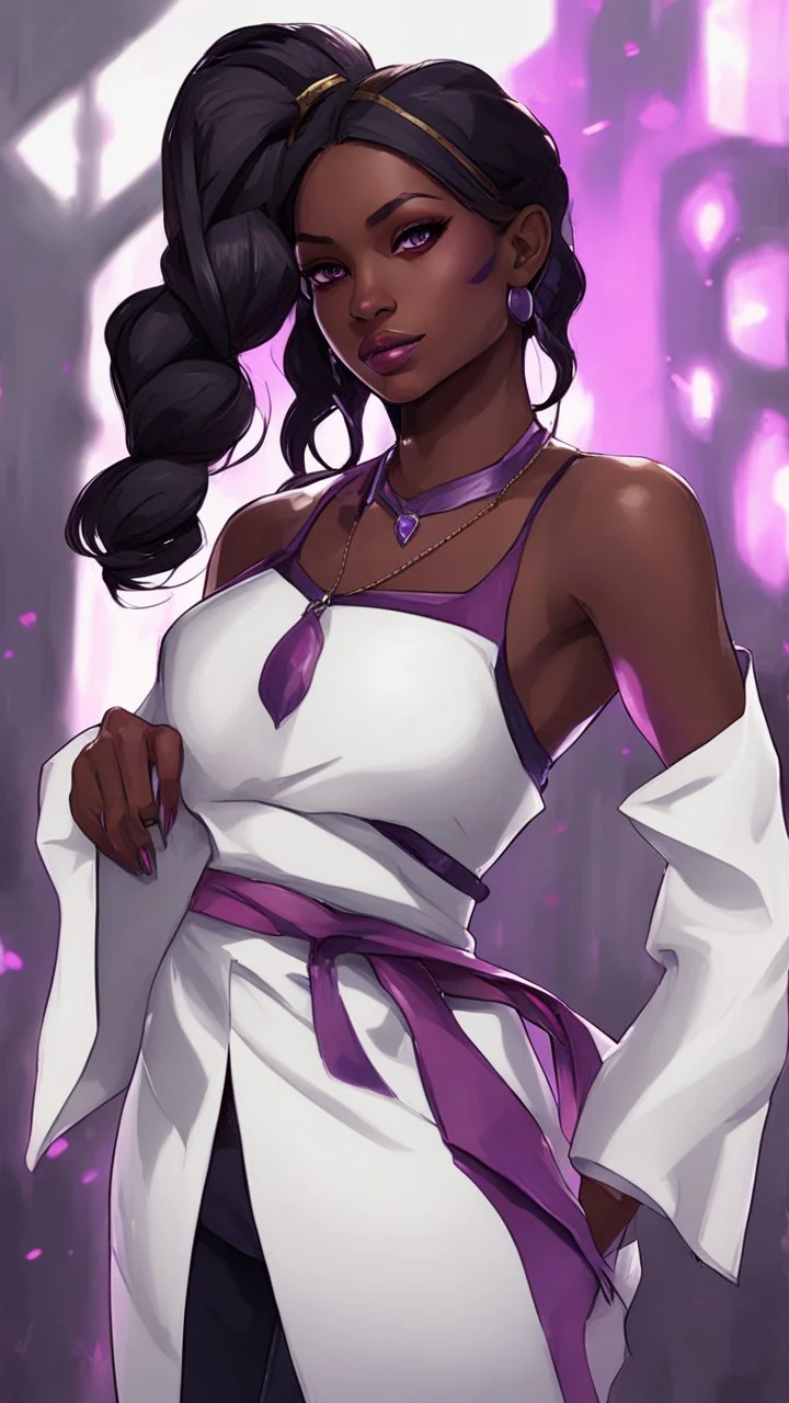 arcane tv show style, league of legends, solo, 1girl, attractive teenager, african, dark skin, dark-brown eyes, black hair, pair buns, (violet strand in forehead bang), necklace, earrings, modern makeup, (detailed skin texture), white oversize shirt