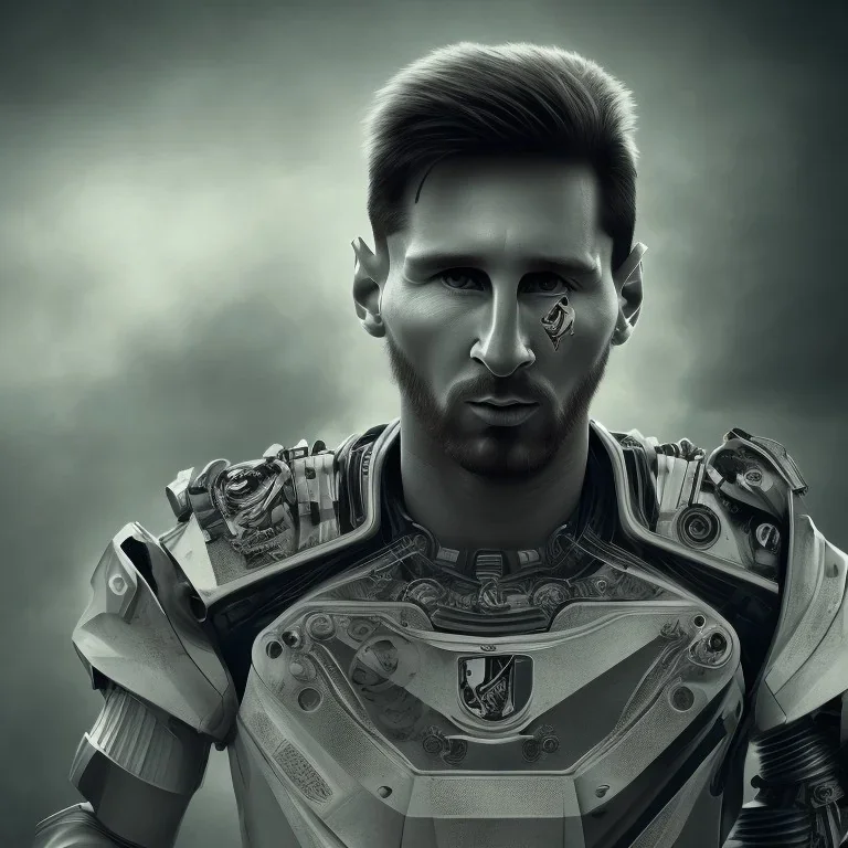 lionel messi perfect face and portrait post-apocalypse perfect cyborgs in a footbal stadium, sci-fi fantasy style, 8k,dark