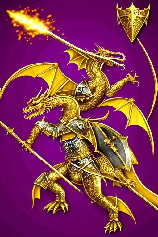 medieval Knight in golden jeweled armor vs dragon, violet color, high detail, sorcery, sparks, mechanical, plasma, treasure, weapons, slithery, legendary, castle